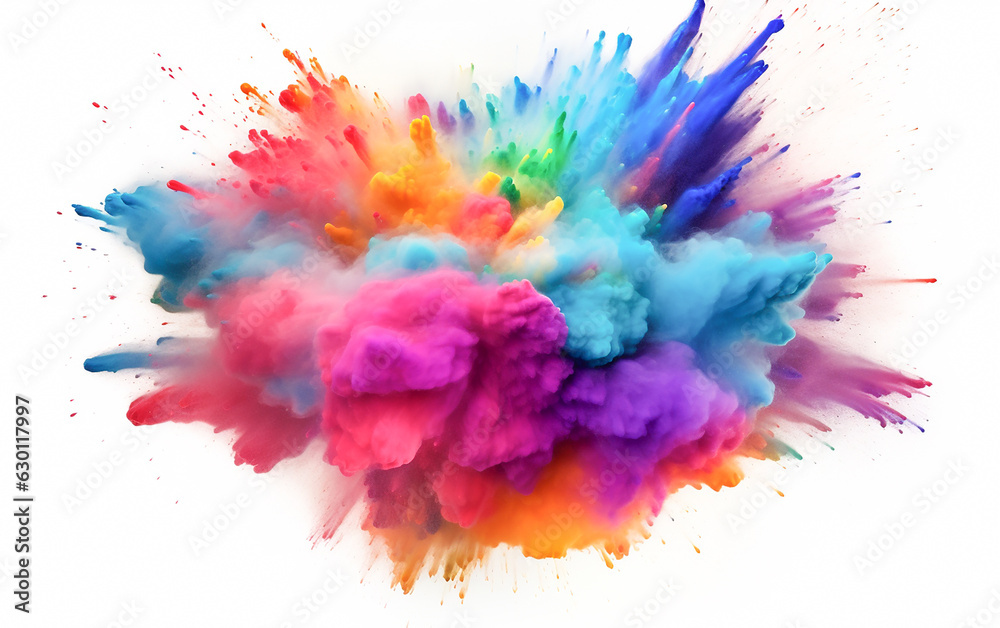 A colorful powder explosion on white background. Generative AI