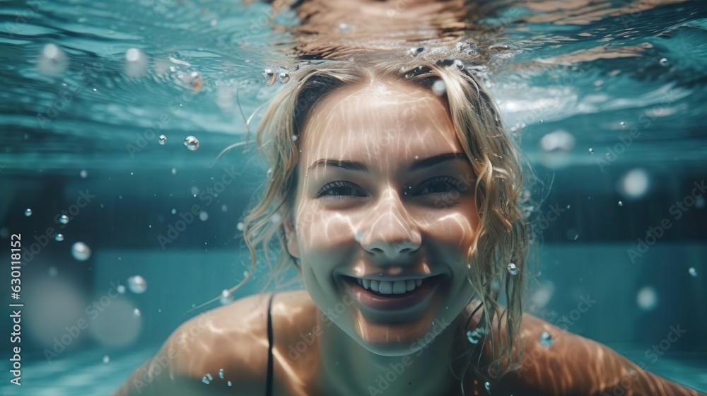 Portrait of smiling young woman under water in swimming pool. Summer vacation and sport concept. Generative Ai technology.