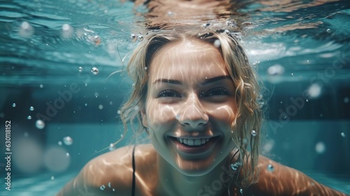 Portrait of smiling young woman under water in swimming pool. Summer vacation and sport concept. Generative Ai technology.