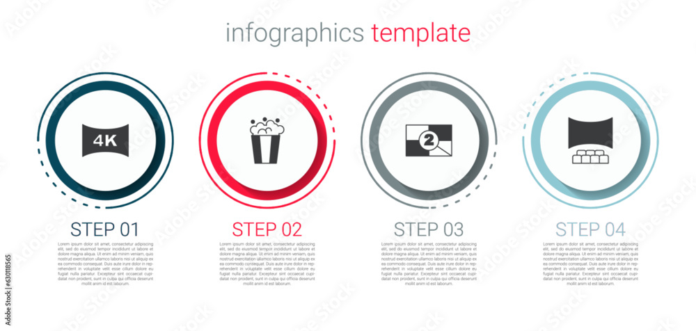 Set Screen tv with 4k, Popcorn in cardboard box, Old film movie countdown frame and Cinema auditorium screen. Business infographic template. Vector Set Screen tv with 4k, Popcorn in cardboard box, Old film movie countdown frame and Cinema auditorium screen. Business infographic template. Vector