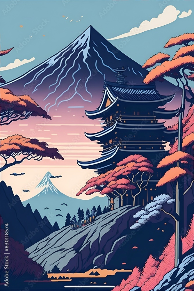 Japan fairy tale landscape. AI generated illustration