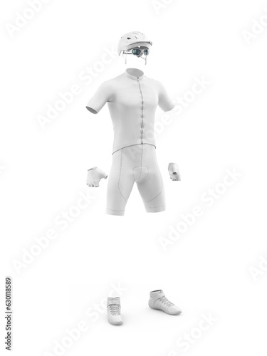 Blank white cycling outfit full body half side view with collar mockup isolated on a white background