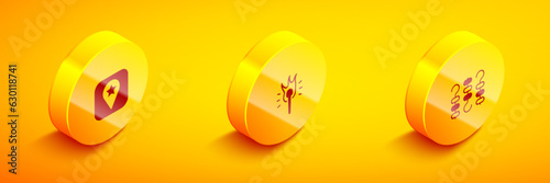 Set Isometric Location for camping, Torch flame and Grilled shish kebab skewer icon. Vector