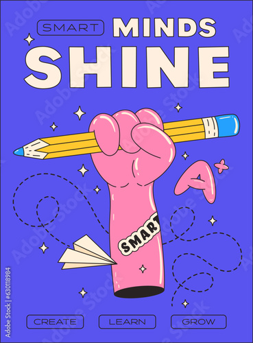 Retro poster on the theme of Back to School. Smart minds shine. Trendy groovy cartoon illustration style and motivation slogans. Vector illustration.