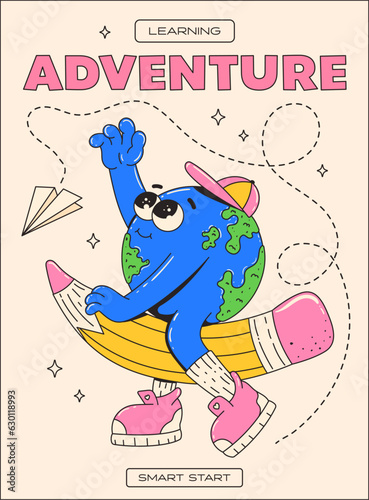 Retro poster on the theme of Back to School. Learning adventure. Smart start. Trendy groovy cartoon illustration style and motivation slogans. Vector illustration.