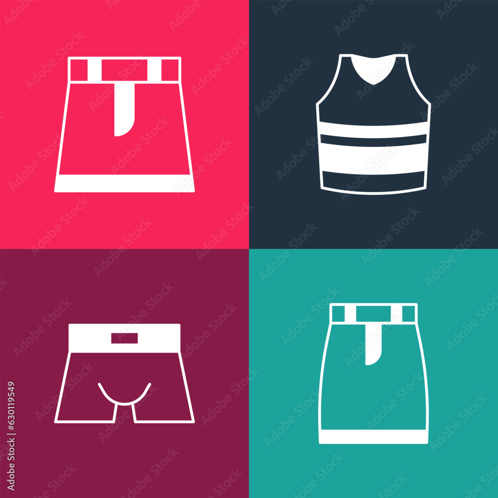 Set pop art Skirt, Men underpants, Undershirt and icon. Vector