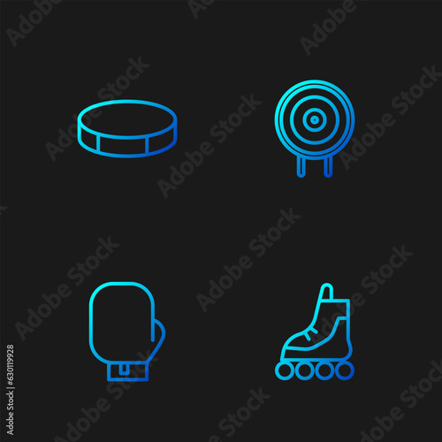 Set line Roller skate, Boxing glove, Hockey puck and Target sport. Gradient color icons. Vector