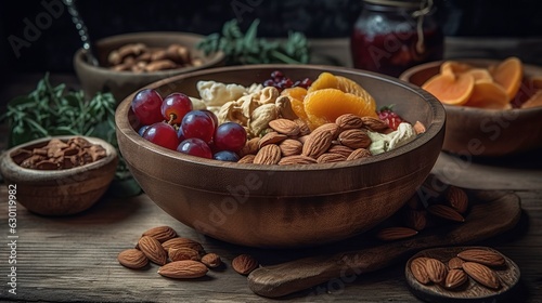 A rustic nut bowl with a snacks, created with Generative AI technology.