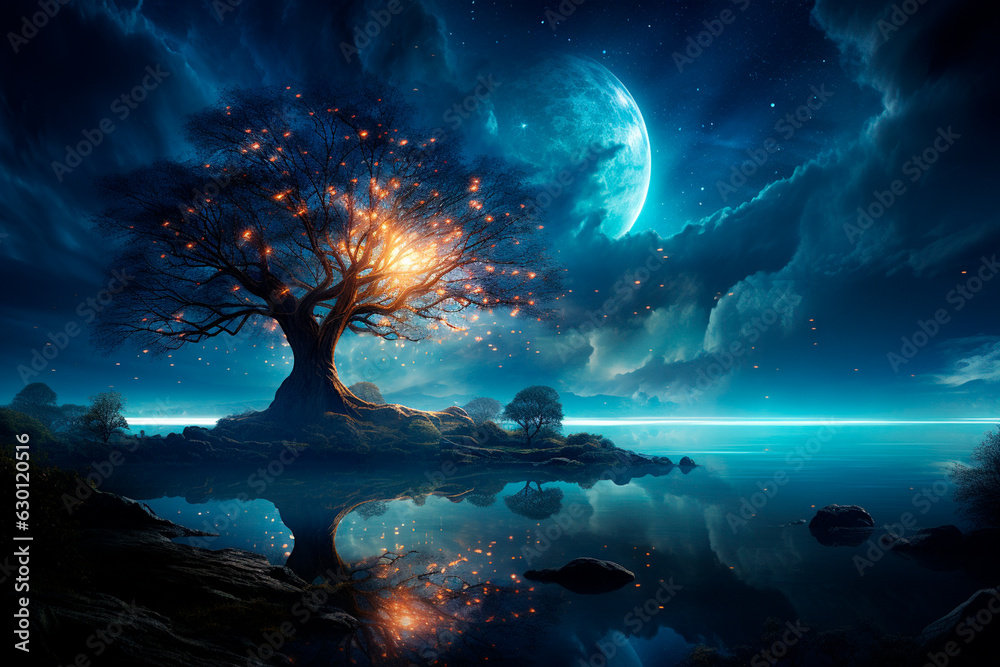 illustration of a beautiful landscape background with a tree and a planet,Generative AI illustration of a beautiful landscape background with a tree and a planet,Generative AI