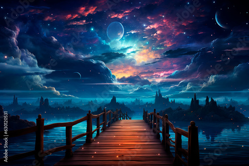 a beautiful night landscape with a lake and a full moon. a lot of colorful neon light. illustration