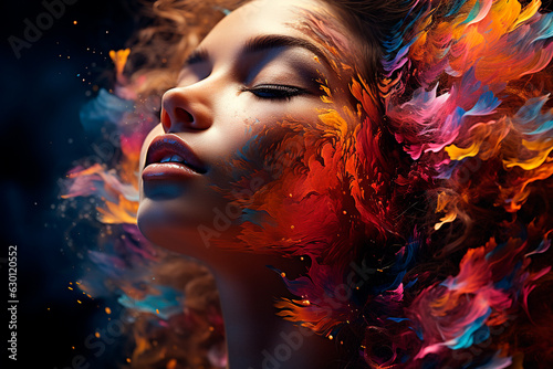 portrait of an attractive woman with colorful hair and colorful makeup,Generative AI