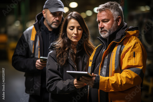 portrait photograph of Professional Heavy Industry Engineer/Worker Wearing Safety Uniform and Hard Hat Uses Tablet Computer.generative ai