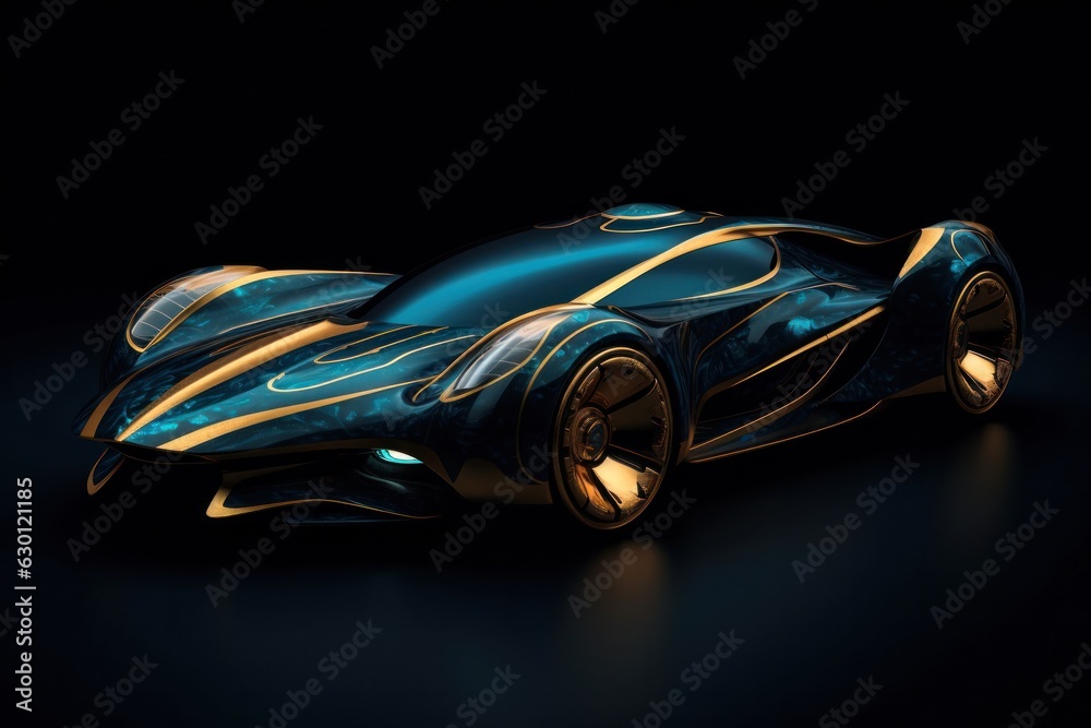 non-existent car of the future with streamlined shapes made of gold and precious stones on a dark background.jewelry. non-existent car of the future with streamlined shapes made of gold and precious stones on a dark background.jewelry.