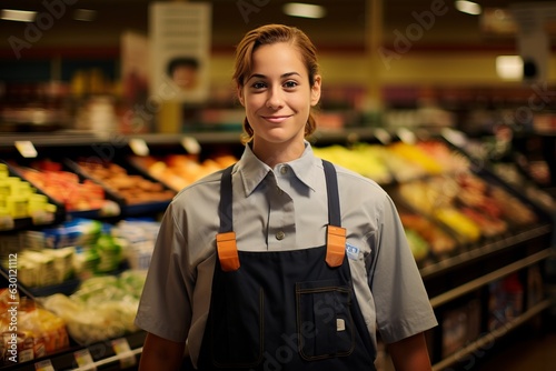 a young content female in a grey shirt, tie and apron working as a sales assistant in a grocery shop, studio light. Generative AI technology photo