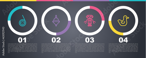 Set line Yoyo toy, Whirligig, Robot and Rubber duck. Business infographic template. Vector