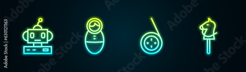 Set line Robot toy, Tumbler doll, Yoyo and Toy horse. Glowing neon icon. Vector