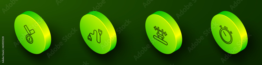 Set Isometric line Medal, Chest expander, Bench with barbel and Stopwatch icon. Vector Set Isometric line Medal, Chest expander, Bench with barbel and Stopwatch icon. Vector