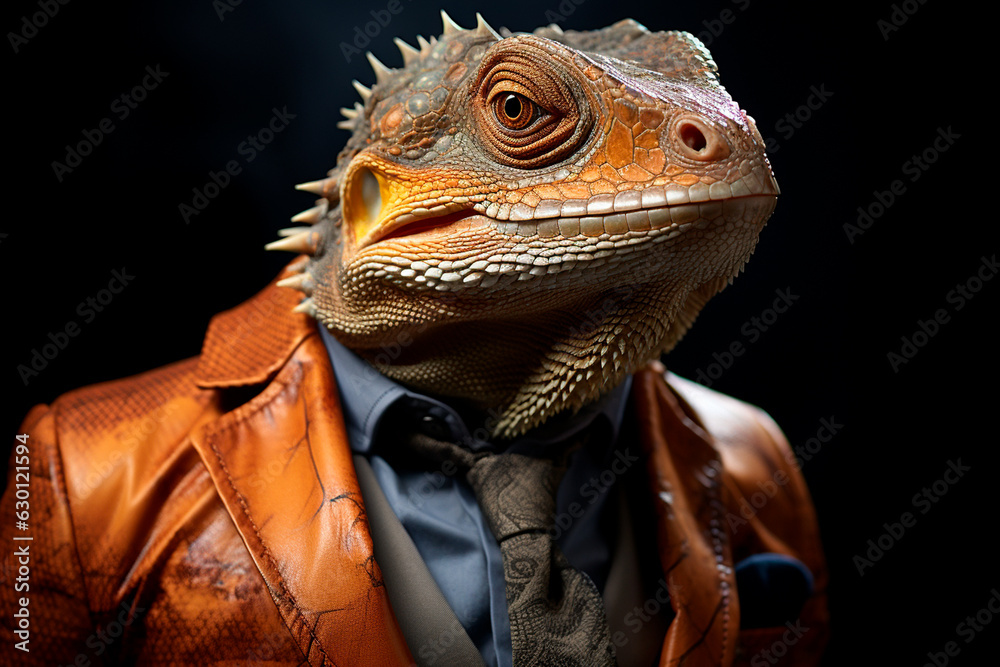 closeup of male iguana with leather jacket, orange, black and black background,Generative AI