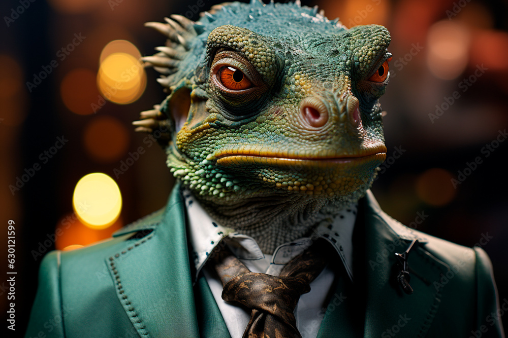 closeup of male iguana with leather jacket, orange, black and black background,Generative AI