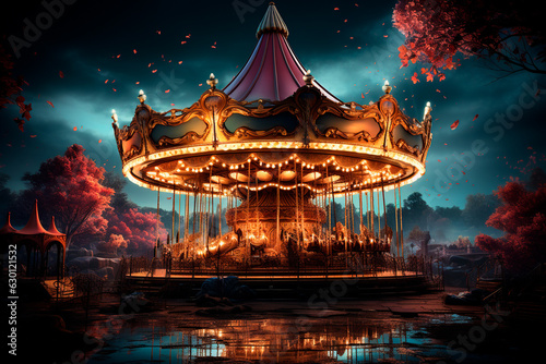 night scene of big city with big carousel in the park. high quality photo