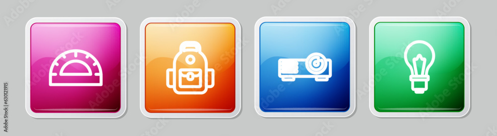 Set line Protractor grid, School backpack, Movie, film, media projector and Light bulb with idea. Colorful square button. Vector Set line Protractor grid, School backpack, Movie, film, media projector and Light bulb with idea. Colorful square button. Vector