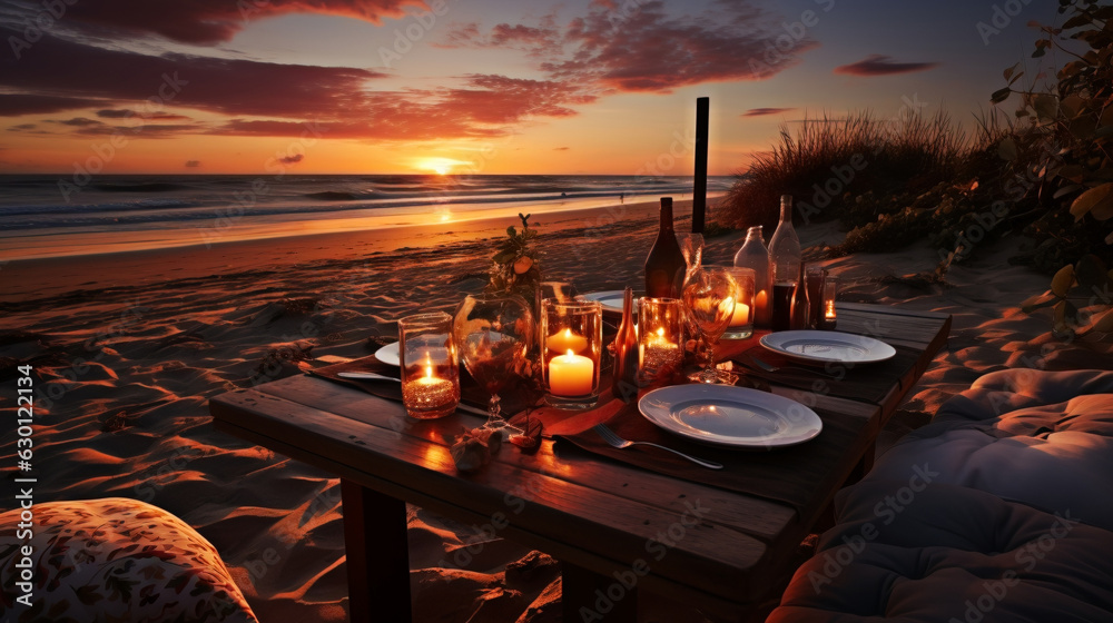 romantisches dinner am meer strand beach im urlaub sonnenuntergang mit kerzen candle light dinner bbq - fiktiv generative ki ai - obrazy, fototapety, plakaty 
