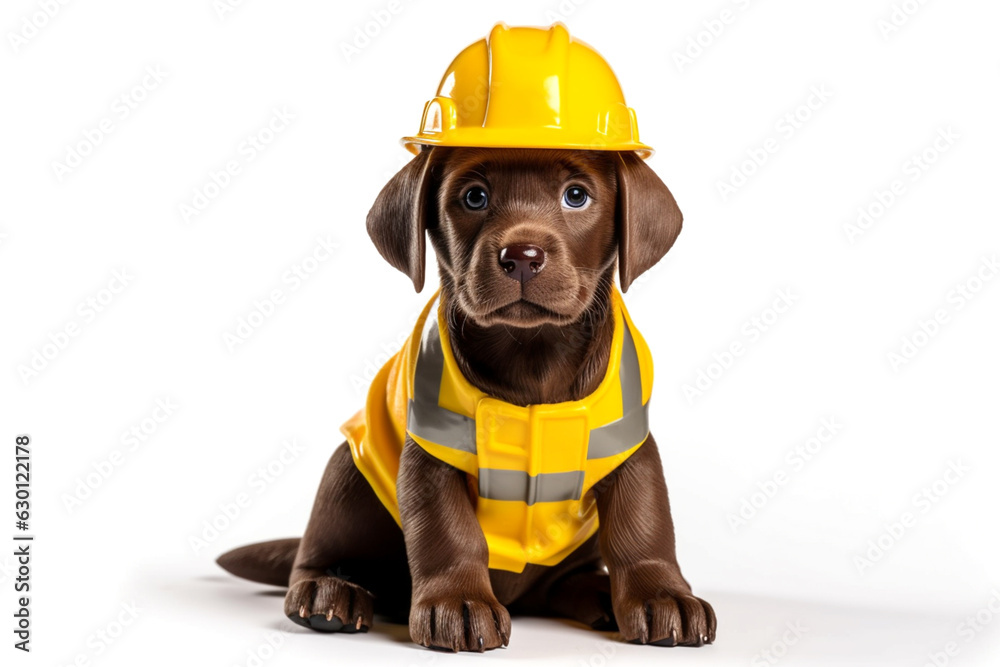 Cute puppy Labrador breed dog in a bright yellow construction helmet on a white background.