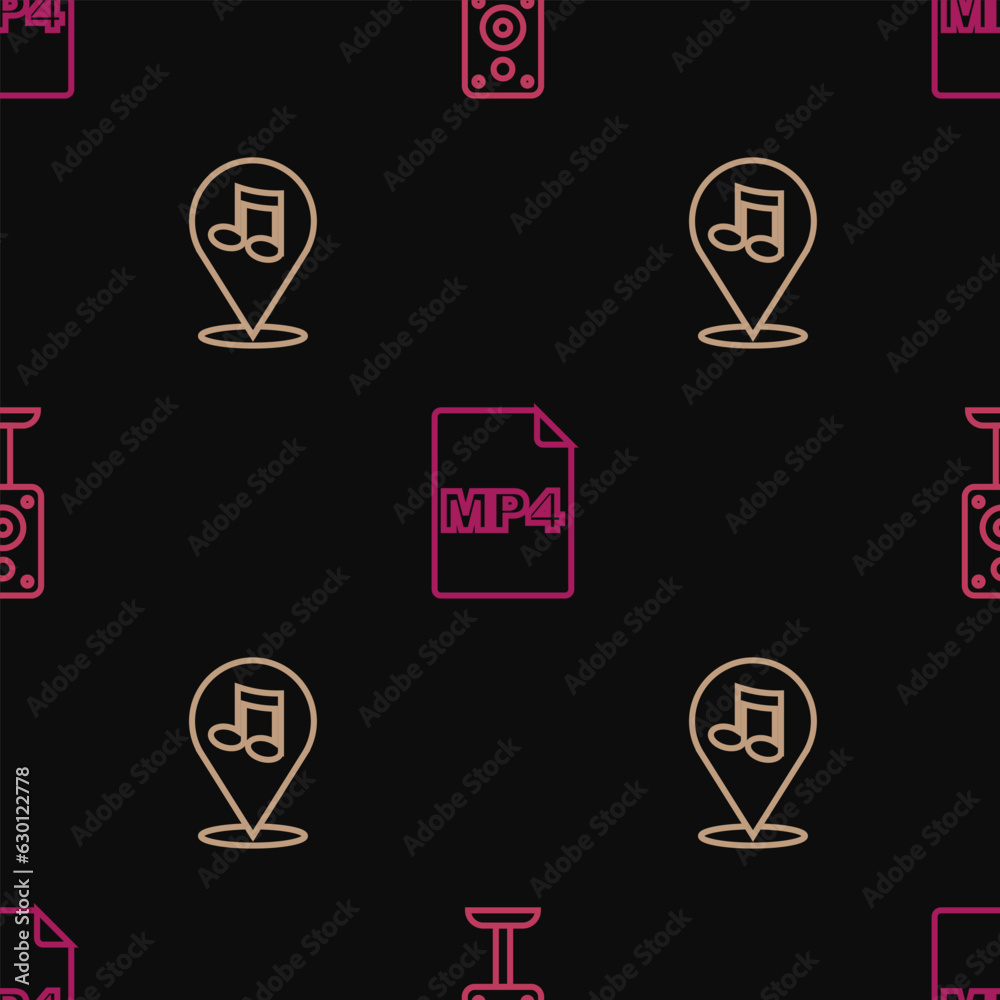 Set line Stereo speaker, Location musical note and MP4 file document on seamless pattern. Vector Set line Stereo speaker, Location musical note and MP4 file document on seamless pattern. Vector