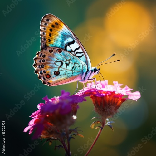 Macro of a beautiful colourful butterfly sitting on a violet flower blossom