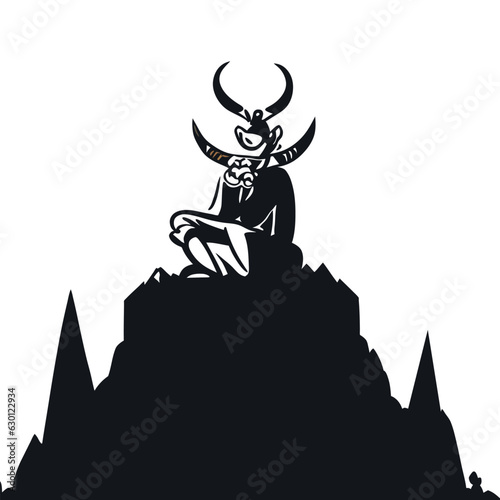 A devilish figure with a menacing smirk, perched atop a mountain of skulls, centered, Colourful Black, vector illustration doodle line art