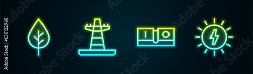 Set line Leaf Eco symbol, Electric tower line, light switch and Solar energy panel. Glowing neon icon. Vector