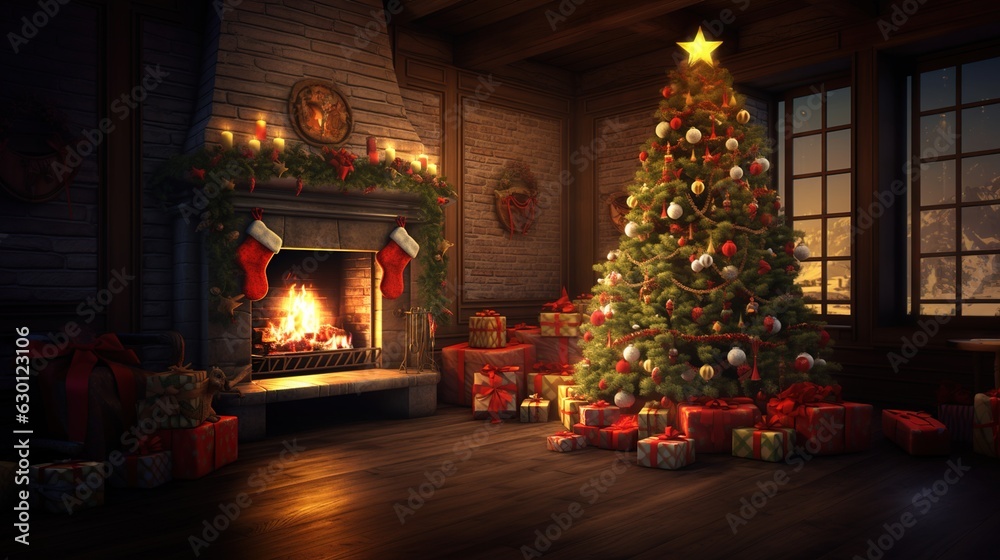 Weihnachtsbaum, Kamin und Geschenke Stock Photo Adobe Stock