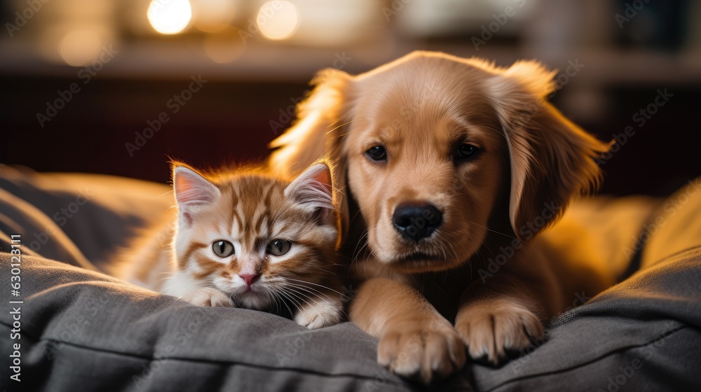 Golden retriever puppy cuddeling with cute cat kitty on a cozy sofa