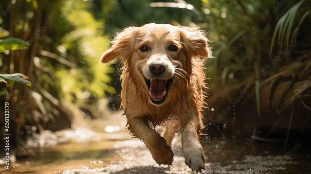 Happy golden retriever dog running in a tropical forest