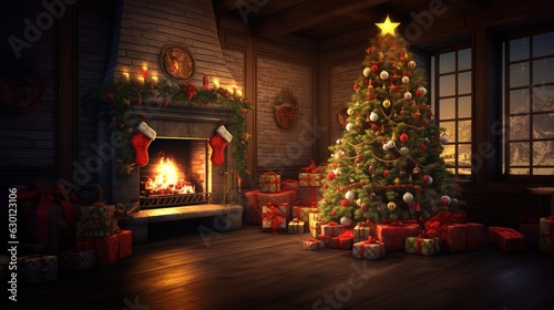 Photographie Weihnachtsbaum, Kamin und Geschenke