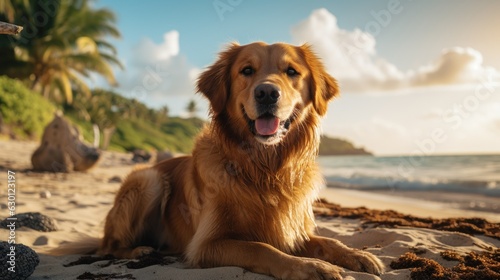 Happy golden retriever dog lying on a tropical beach at the sea, beautiful sunset