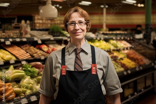 a middle-aged woman in a grey shirt, tie and apron working as a sales assistant in a grocery shop, studio light. Generative AI technology photo