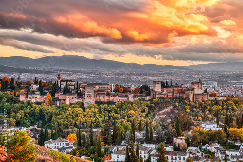 Alhambra Fortress Aerial View at Sunset with Amazing Clouds, Granada, Andalusia