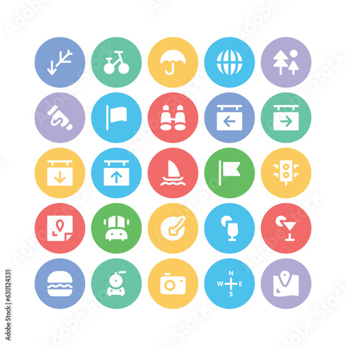 Flat Round Icons of Travel and Holiday

