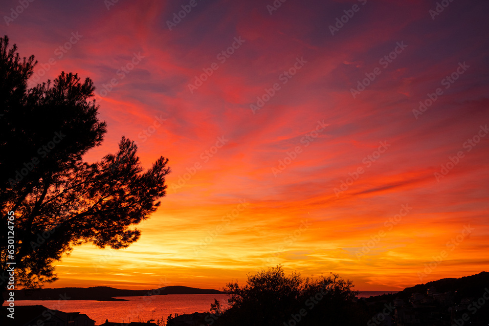 Magnificent color palette of sky after sunset by the beautiful Adriatic Sea