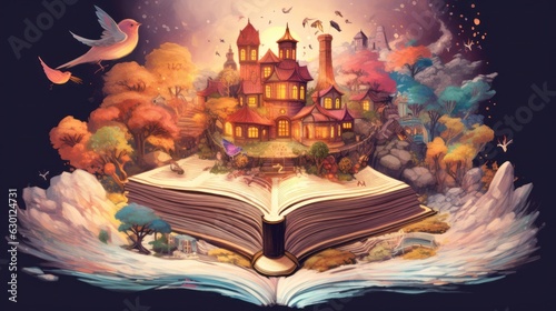 Illustration of a magical book with fantastical scenes. Sparks imagination and wonder. Perfect for fantasy and storytelling themes