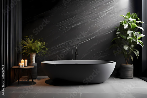 Sleek Monochrome  Modern Bathroom with Bathtub on Dark Stone and Vase