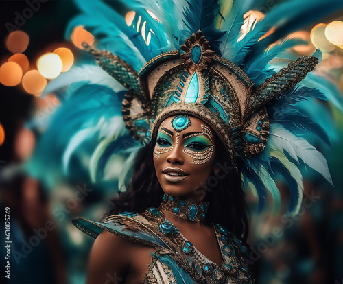 colorful and bright Brazilian carnival illustration. Portrait of a participant against a blurred background © Margo_Alexa