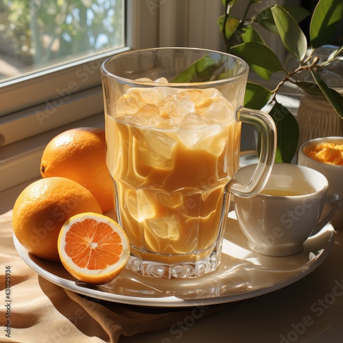 Coffee with orange juice in a glass mug. Cocktail bumble, capuorange, tyr, raff. Generative AI photo