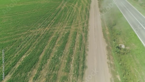 Aricultural scene background. Aerial drone shot on a sunny day. Low level flight. photo