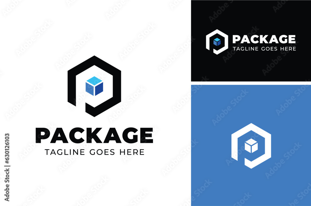 Initial Letter P Package Parcel with Hexagon Gift Box Cube for Cargo Warehouse Freight Logistic Logo Design - obrazy, fototapety, plakaty 
