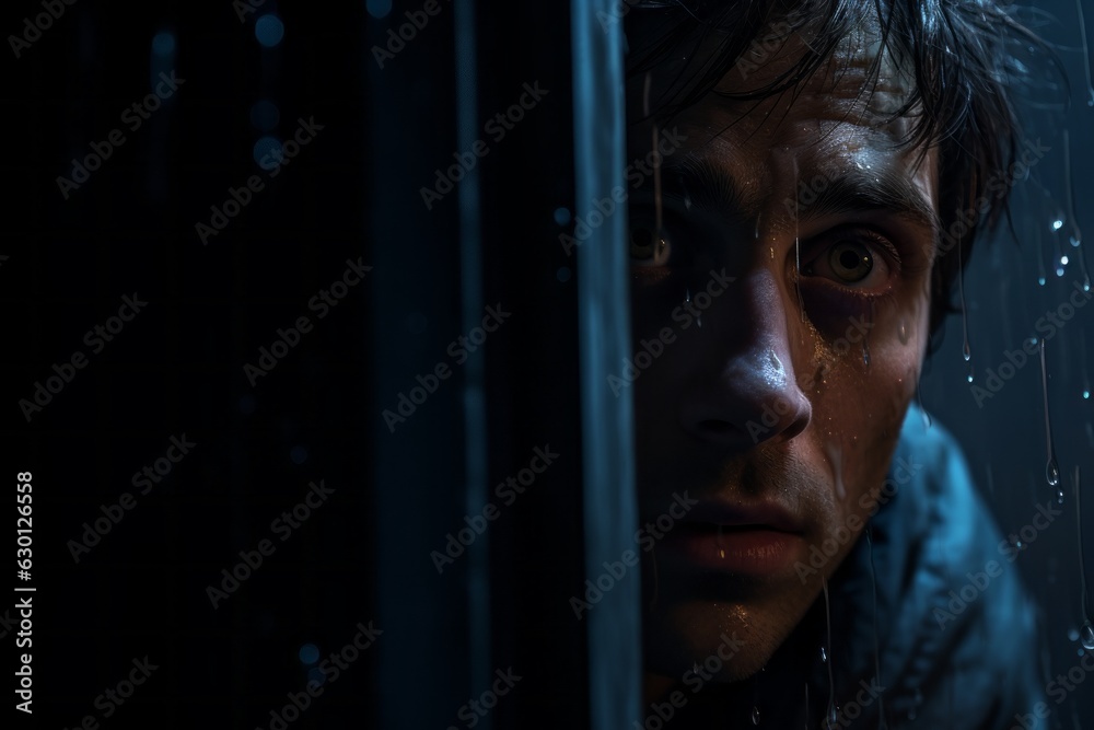 A suspenseful scene with a person looking out of a window, fearing that danger is lurking in the darkness. Generative Ai A suspenseful scene with a person looking out of a window, fearing that danger is lurking in the darkness. Generative Ai