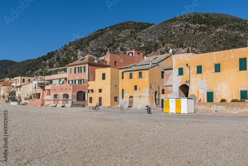Colorful fisherman's houses (Borgo Saraceno) on the beach of Varigotti, Savona Province, Liguria, Italy photo