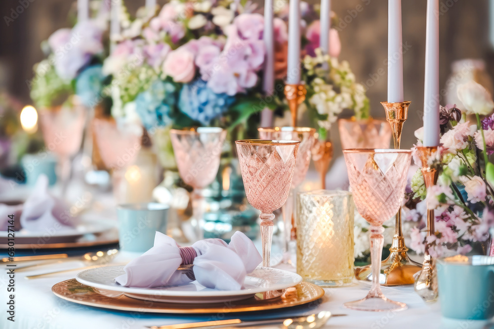 Beautiful table setting with crockery and flowers for a party, wedding reception or other festive event