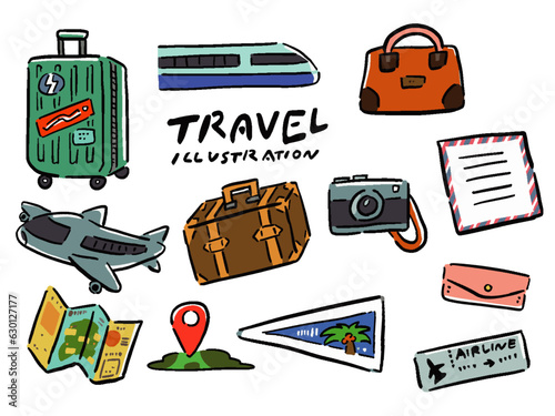 旅行　トラベルの手描き風イラストセット